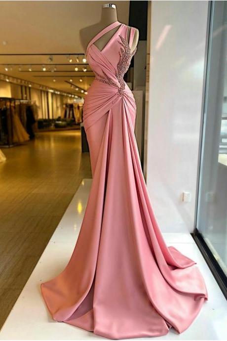 Pink Prom Dresses, Pleats Prom Dresses, Pearls Prom Dresses, Pleats Prom Dresses Satin Prom Dresses, Arabic Prom Dresses, Evening Gowns, Custom