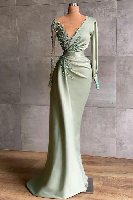 Green Prom Dresses, 2022 Prom Dress, Long Sleeve Prom Dress, Satin Prom Dresses, Prom Dresses, Fashion Party Dress, Evening Dresses, Party