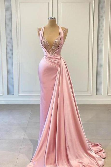 Pink Prom Dresses, Beaded Prom Dress, Satin Prom Dresses, 2022 Prom Dresses, Evening Dresses, Custom Make Evening Dresses, Sexy Evening Dresses,