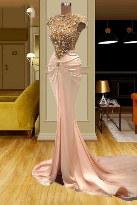 Crystal Prom Dresses, Front Slit Prom Dresses, Pink Prom Dresses, Beaded Evening Dresses, Sexy Evening G Gowns, Custom Make Prom Dresses, Sexy
