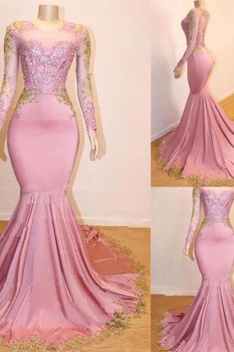 Pink Prom Dresses, Long Sleeve Prom Dresses, Lace Prom Dresses, Appliques Prom Dresses, Mermaid Evening Dresses, Custom Make Evening Dresses,