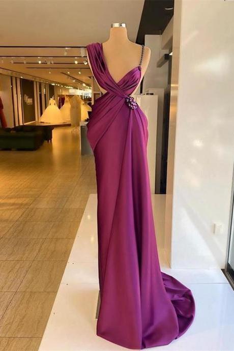 Designer Purple Prom Dresses Beaded Crystals Ruched Pleats Satin Spaghetti Straps Formal Evening Gown Party Wear Vestidos Custom Made