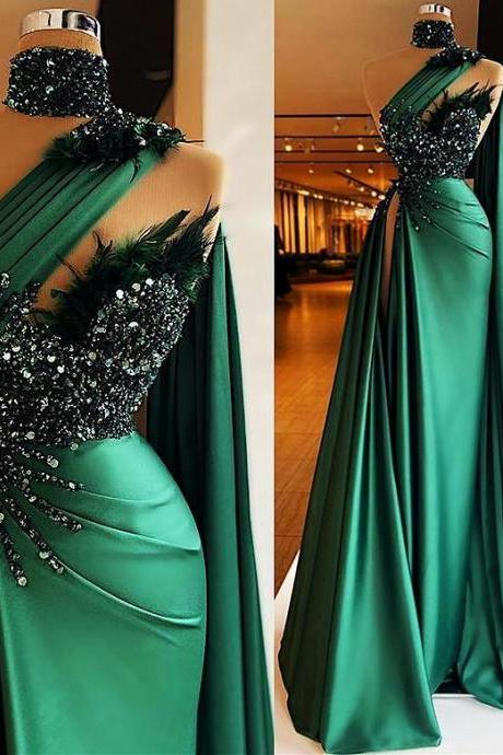 2022 Sexy Hunter Green Satin Mermaid Prom Party Dresses One Shoulder High Neck Beaded Feather Plus Size Formal Evening Occasion Gowns