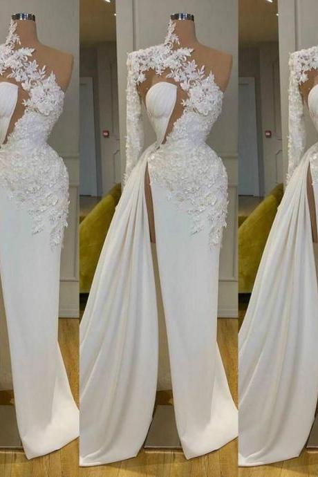 Sexy Arabic Dubai 2022 Exquisite Lace White Prom Dresses High Neck One Shoulder Long Sleeve Flowers Formal Evening Gown Side Split Robes De Mariée Vestidos