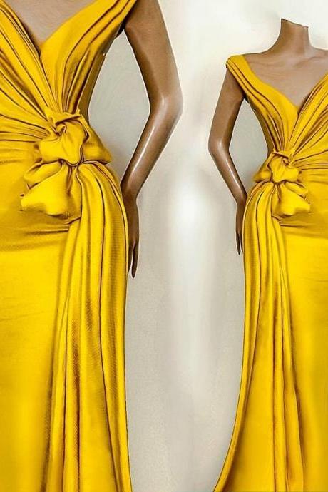 African Yellow Prom Dresses 2022 With Pleats Knoted Deep V Neck Mermaid Evening Dress Formal Celebrity Party Gowns For Women Wear robe de soiree