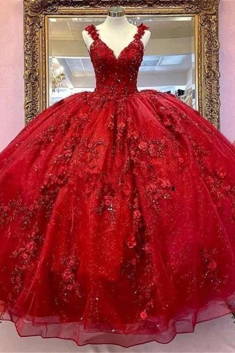 Ball Gown Prom Dresses, 2022 Evening Dresses, Hand Made Flowers Prom Dresses, Puffy Evening Dresses, Custom Make Prom Dresses, 3d Flowers Evening