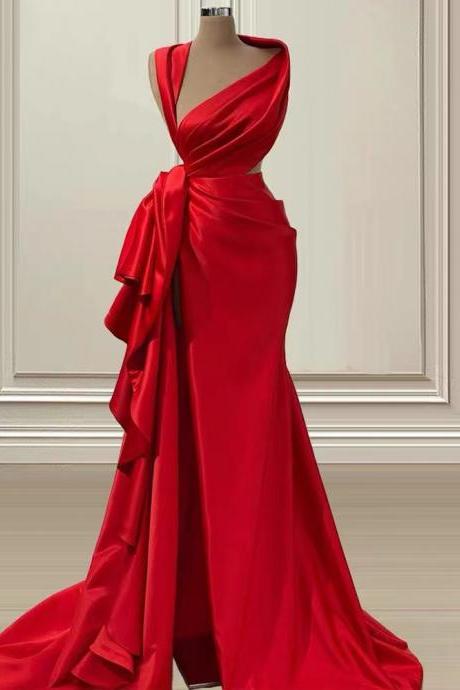 Red Prom Dresses, 2022 Prom Dresses, V Neck Prom Dresses, Mermaid Evening Dresses, Custom Make Evening Gowns, Satin Evening Dresses, Newest