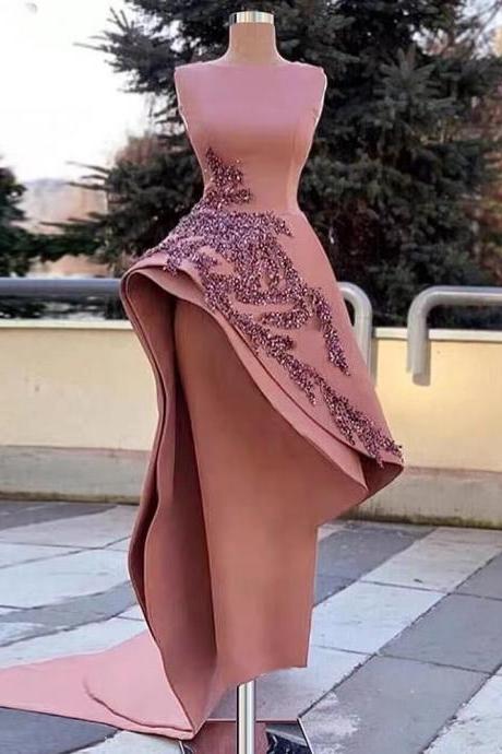 Satin Prom Dresses, Pink Prom Dresses, Pearls Prom Dresses, Peplum Prom Dresses, 2022 Prom Dresses, Beaded Evening Dresses, 2022 Evening Gowns,
