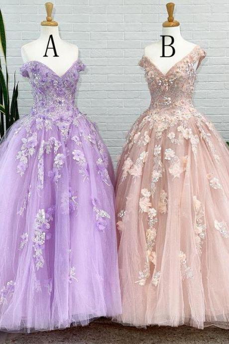 Prom Dresses 2022, V Neck Prom Dresses, Lace Prom Dresses, Hand Made Flowers Prom Dresses, Crystal Prom Dresses, Flowers Evening Dresses, Custom