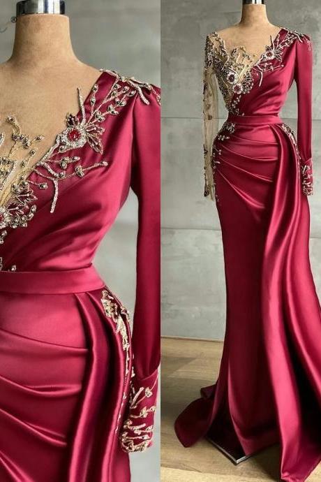 red prom dresses, pearls prom dresses, long sleeve prom dresses, mermaid prom dresses, pleats eveing gowns, custom make formal dresses, 2022 evening dresses, fashion evening gowns, arabic party dresses, newest evening gowns