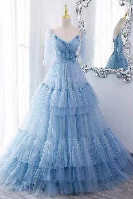 Fashion Prom Dresses, Prom Dresses, Light Sky Blue Prom Dress, Blue Prom Dresses, Pleats Prom Dresses, Tulle Prom Dresses, Ball Gown Prom