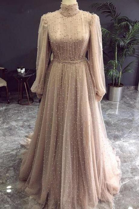 pearls prom dresses, high neck prom dresses, pearls prom dresss, evening dresses, champagne prom dresses, 2022 evening dresses, long sleeve prom dresses, beaded evening dresses, custom make evening dress, real picture prom dresses