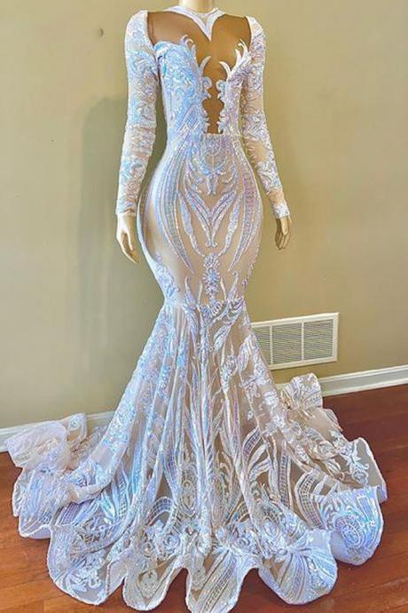 Arabic Prom Dresses, White Prom Dress, Sparkly Prom Dresses, Long Sleeve Prom Dresses, Mermaid Prom Dresses, Nude Sexy Prom Dresses,mermaid