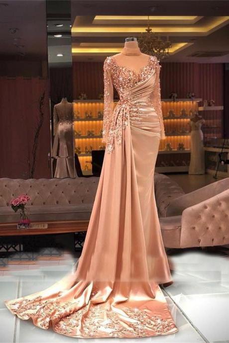 Luxury Prom Dresses, Beaded Evening Dresses, Pleats Evening Dresses, Long Sleeve Prom Dresses, Arabic Evening Dresses, Champagne Prom Dresses,