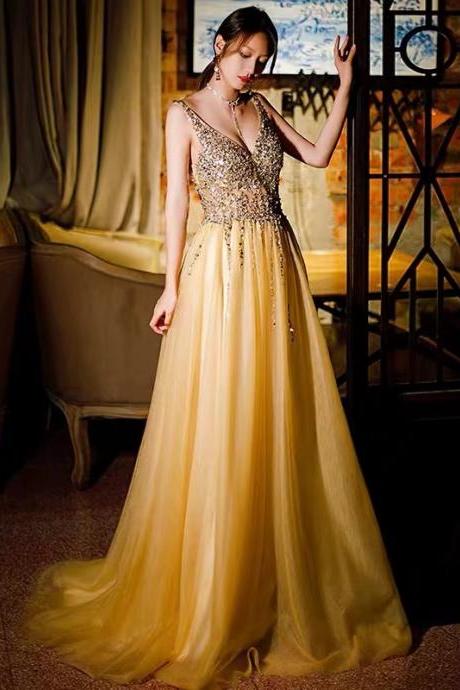 Yellow Prom Dresses, Beaded Evening Dresses, Prom Dresses, A Line Prom Dresses, Custom Make Evening Dresses, Fashion Party Dresses, Custom Make