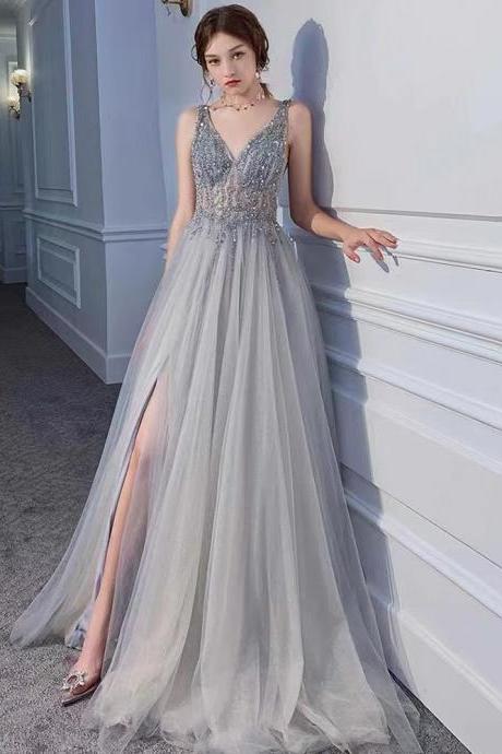 Crystal Prom Dresses, Beaded Prom Dresses, A Line Prom Dresses, Tulle Prom Dresses, Sliver Prom Dresses, 2022 Prom Dresses, Evening Dresses,