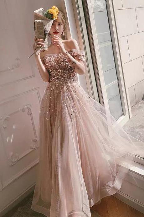 champagne prom dresses, off the shoulder prom dresses, a line prom dresses, tulle prom dresses, sequins evening dresses, champagne evening dresses, 2022 evening dresses, sparkly evening gowns