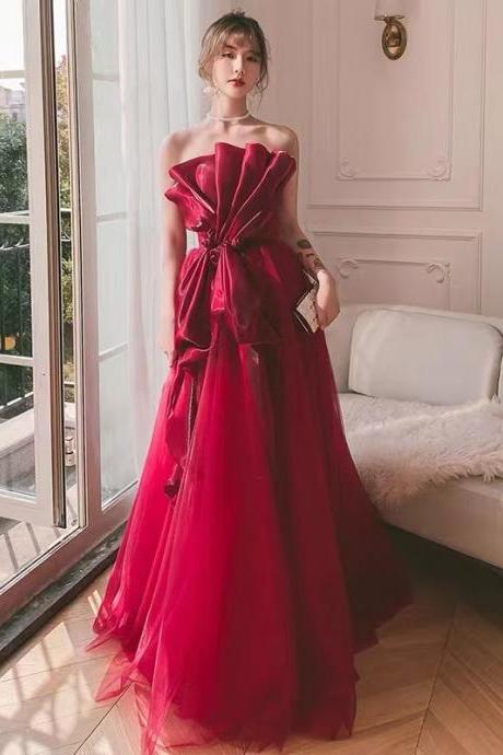 Red Prom Dresses, Strapless Prom Dresses, Evening Dresses, Custom Make Evening Dresses, Tulle Evening Dress, Pleats Evening Gowns, Custom Make