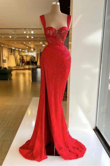 red prom dresses, lace prom dresses, beaded prom dresses, sweetheart prom dresses, side slit prom dresses, arabic prom dresses, new arrival evening dresses, custom make evening gowns