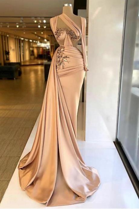 champagne prom dresses, long sleeve prom dresses, pleats prom dresses, lace prom dresses, custom make evening dresses, fashion evening dresses, long sleeve evening dresses, custom make evening gowns
