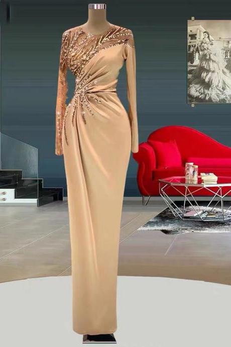 champagne prom dresses, long sleeve prom dresses, crystal prom dresses, sheath prom dresses, custom make evening dresses, crystal evening dresses, fashion evening dresses, custom make evening dresses