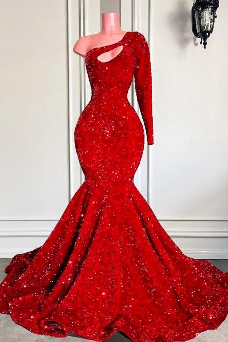 Prom Dresses, 2022 Prom Dresses, Arabic Prom Dresses, Sequins Prom Dresses, One Shoulder Prom Dresses, Red Evening Dresses, Mermaid Prom Dresses,