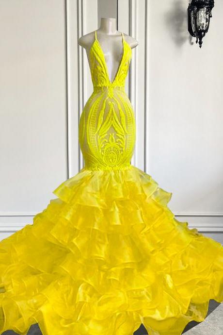 Sexy V-neck Mermaid Ruffle Yellow Organza Sparkly Sequin Long Prom Dresses 2022 For Black Girls