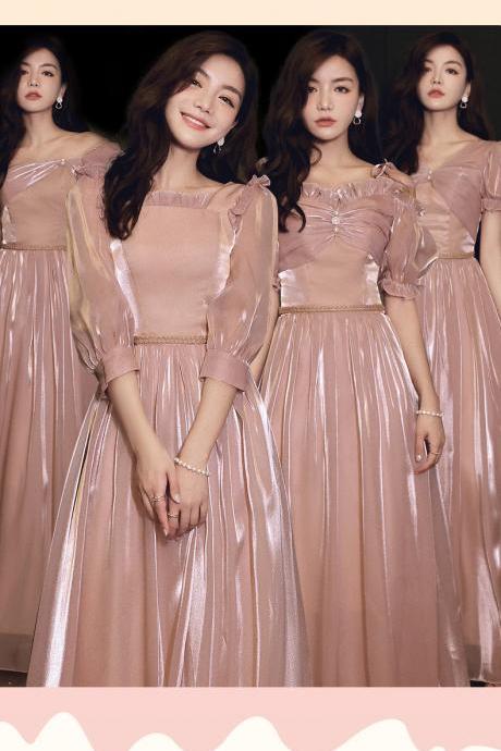 Elegant Pink Bridesmaid Dress 2022 New Puff Sleeve Long Princess Dresses Girls Simple Slim A-Line Wedding Gowns