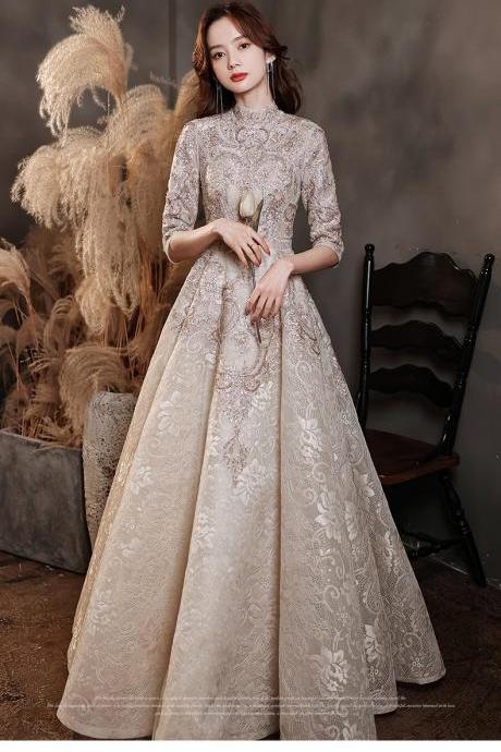 Luxury Lace Evening Dress Stand Collar Half Sleeve Back Zipper A-line Banquet Long Gowns Women &amp;#039;s Formal Party Dresses Vestidos