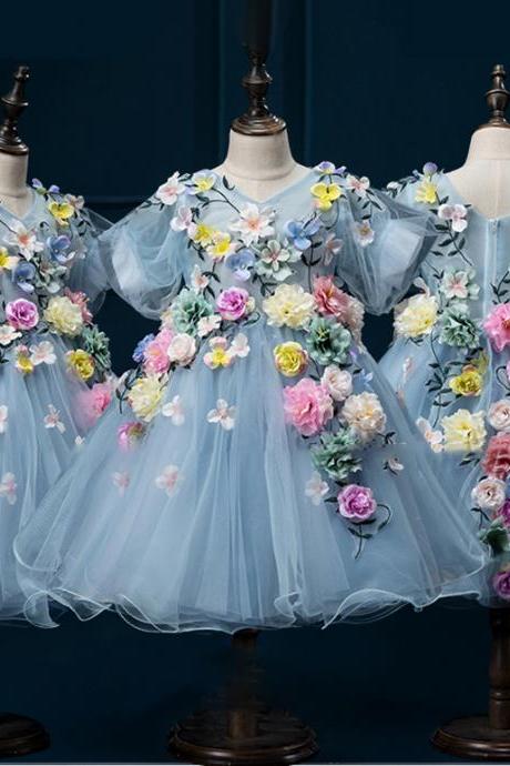 Flower Girl Dress V Neck Short Sleeve Handmade Flowers Ball Gown Girls Birthday Party Dresses Applique Formal Girls Dress