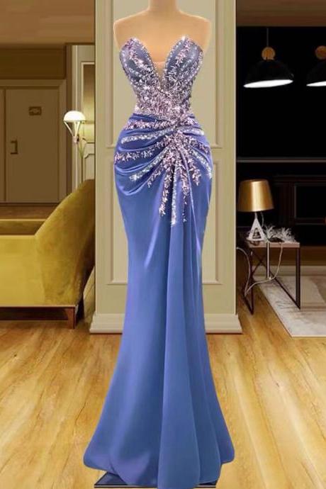 blue prom dresses, sweetheart neckline prom dresses, pleats evening dresses, mermaid prom dresses, fashion evening dresses, satin evening dresses, light sky blue prom dresses, beaded evening dresses, 2022 evening gowns