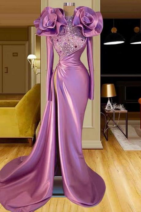 purple prom dresses, flowers prom dresses, crystal prom dresses, beaded prom dresses, side slit prom dresses, long sleeve prom dresses, custom make evening dresses, light purple evening gowns