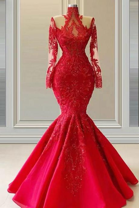 mermaid prom dresses, long sleeve prom dresses, beaded prom dresses, lace evening dresses, high neckline prom dresses, red prom dresses, vestidos de fiesta, sparkly evening gowns