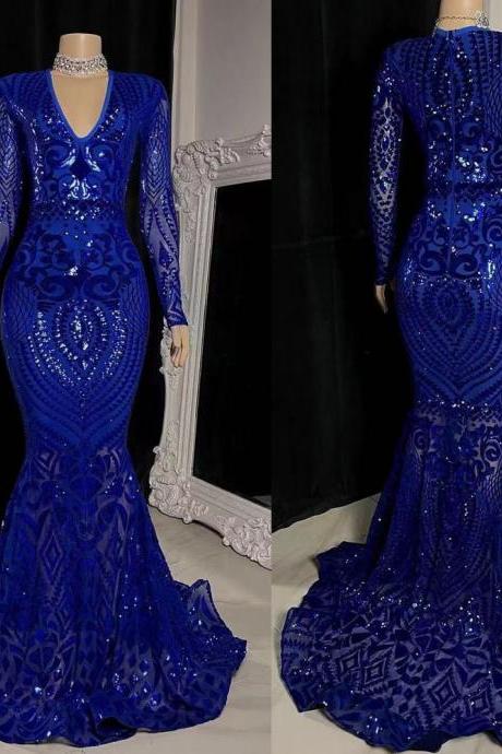 Royal Blue Prom Dresses, Lace Prom Dresses, Sequins Prom Dresses, Mermaid Prom Dresses, Custom Make Evening Dresses, V Neck Evening Dresses,