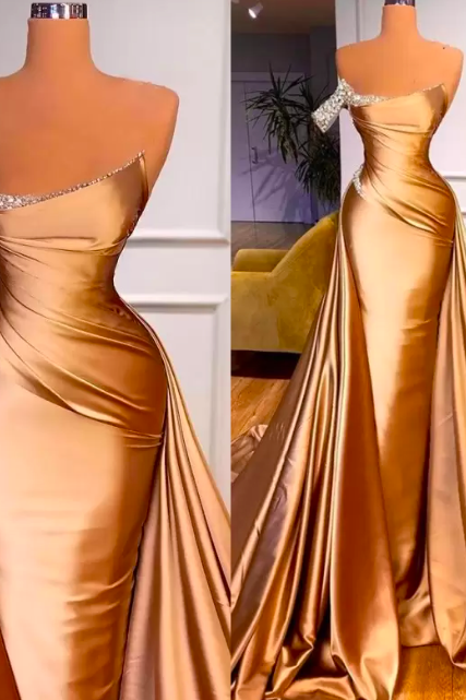 2022 Gold Chic One Shoulder Crystal Mermaid Prom Dress With Detachable Train Sexy Backless Evening Gowns