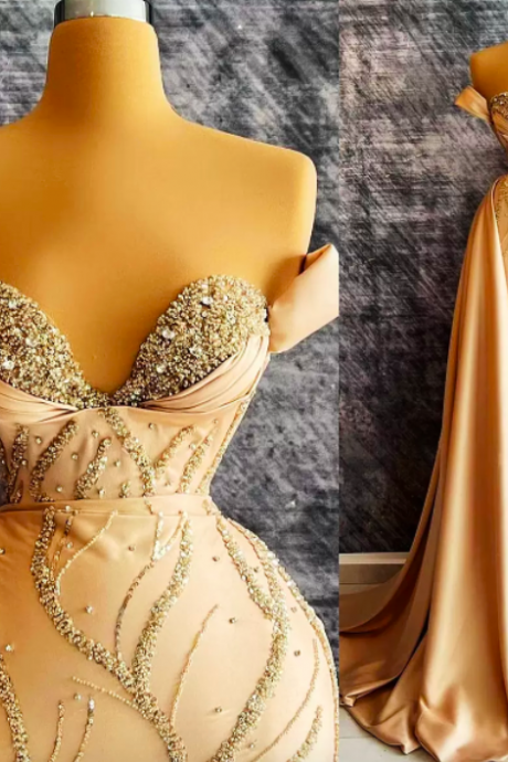 2022 Plus Size Arabic Aso Ebi Champagne Sheath Stylish Prom Dresses Beaded Satin Evening Formal Party Second Reception Birthday Engagement Gowns
