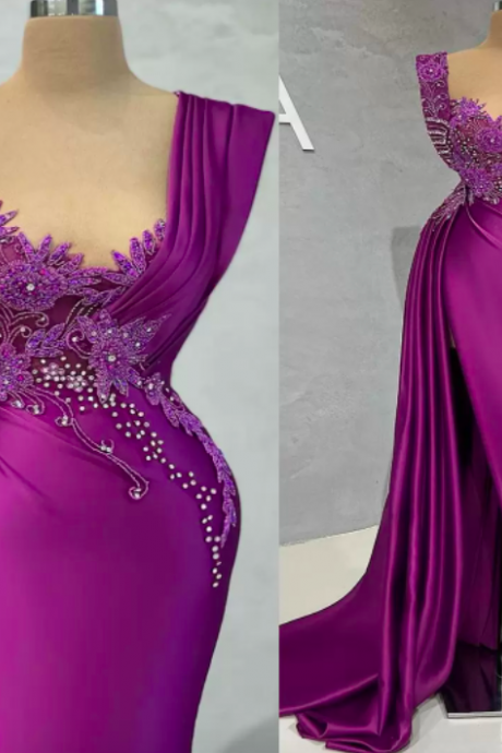2022 Plus Size Arabic Aso Ebi Purple Mermaid Luxurious Prom Dresses Beaded Crystals Evening Formal Party Second Reception Birthday Engagement