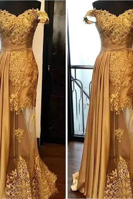 2022 Backless Formal Dresses Evening Dress Gold Illusion Off-shoulder Sleeveless Elastic Satin Tulle Prom Party Gown Appliques