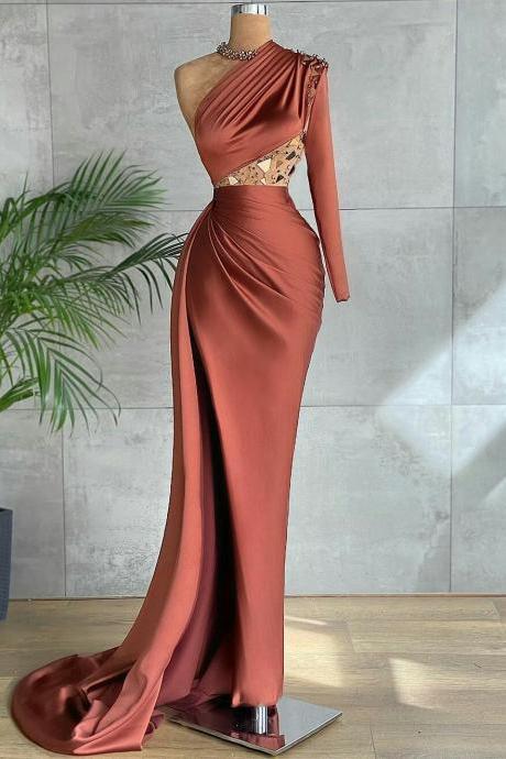 Brown Mermaid Beaded One Shoulder Evening Dresses High Side Split Prom Dress Custom Made 2022 Robes De Soirée