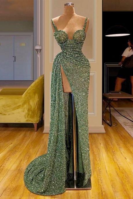 2022 Spaghetti Straps Elegant Vestido De Gala Green Sequin Mermaid Prom Dresses Women Formal Party Night Side Split Evening Gown