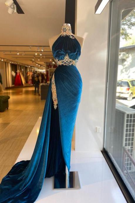 Arabic Velvet Halter Neck Mermaid Evening Dress Soft High Division Beads Prom Dresses 2022 Women's Party Dresses Robes De Soirée