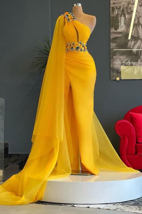 Charming Yellow Mermaid Prom Dresses Crystals One Shoulder Evening Dresses Sleeveless Side Split Women Pageant Dressing Gowns