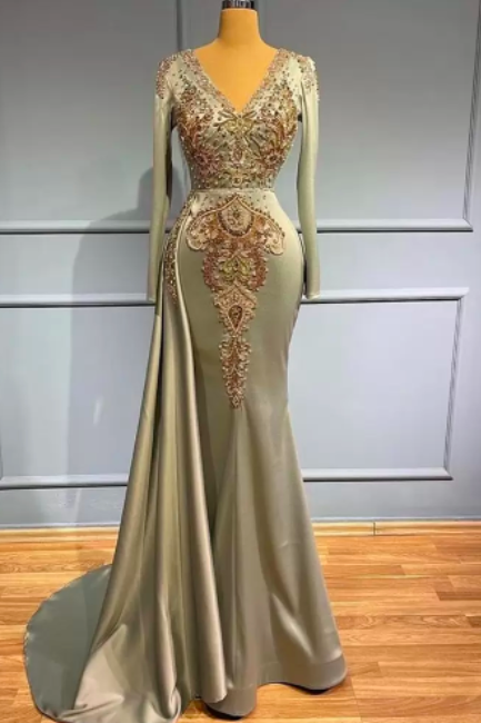 Muslim Mermaid Sage Green Overskirt Evening Dresses Gowns 2022 Luxury Elegant Beaded Satin For Women Party Occasion Prom Dress