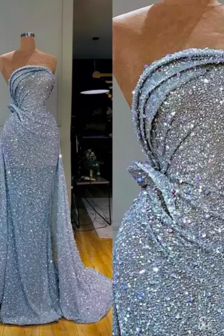 2022 New Silver Mermaid Evening Dresses Sequined Ruched Draped Formal Evening Gowns Dress Evening Wear robe de soiree Abendkleider