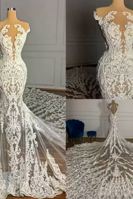 2022 Gorgeous Lace Applique Wedding Dresses Illusion Bridal Gown Chapel Train Custom Made Jewel Neck Sleeveless African Plus Size Dubai Vestido