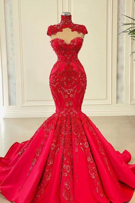 high neck prom dresses, red prom dresses, lace appliques prom dresses, beaded prom dresses, custom make evening dresses, cheap evening gowns, pearls prom dresses, mermaid evening dresses, 2022 formal dresses