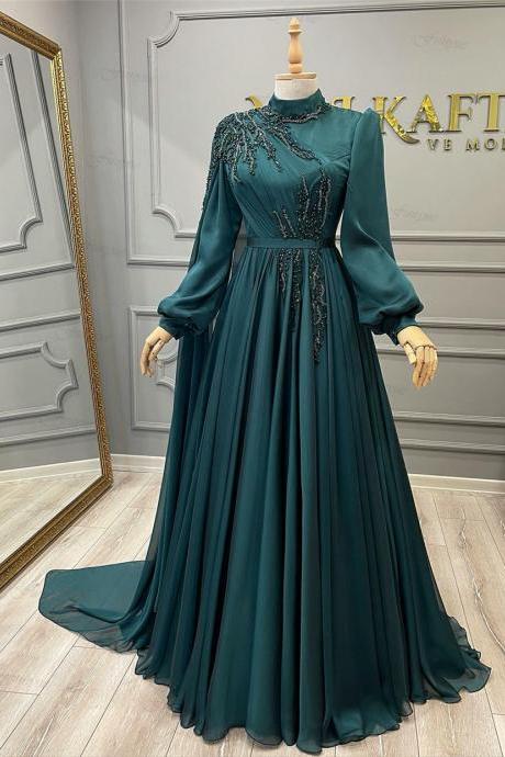 Abendkleider Teal A-Line Long Sleeve Formal Dress Lace Beaded Chiffon Moroccan Caftan Muslim Evening Party Gowns 2022 New