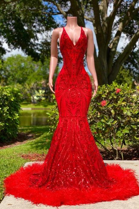 Arabian Sexy Black Girl Mermaid Prom Dresses 2020 Red Sequined Elegant Backless Feather Evening Gowns long Women Formal Dress Ro