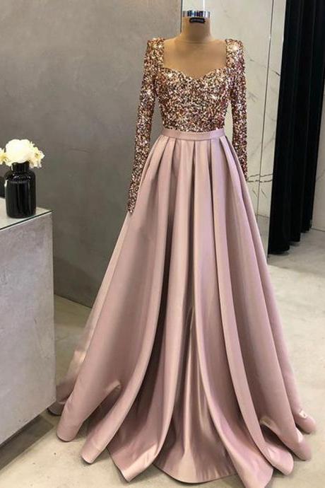 Pink Prom Dresses, Sequins Prom Dresses, V Neck Evening Dresses, Long Sleeve Prom Dresses, Blush Pink Evening Dresses, Sparkly Evening Dresses,