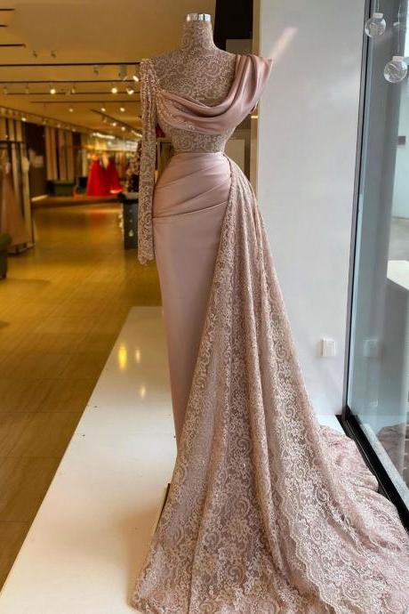 High Neck Prom Dresses, Pink Evening Dresses, Lace Evening Gowns, Fashion Evening Gowns, Long Sleeve Prom Dresses, Satin Evening Dresses, Lace